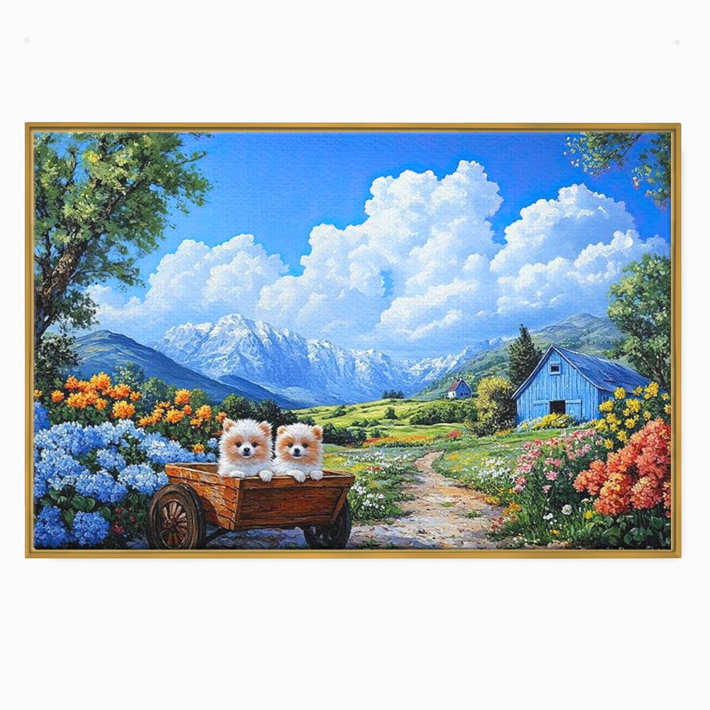 Tablou canvas cu tablou canvas cu catei in caruta si munti, in rama de aluminiu auriu